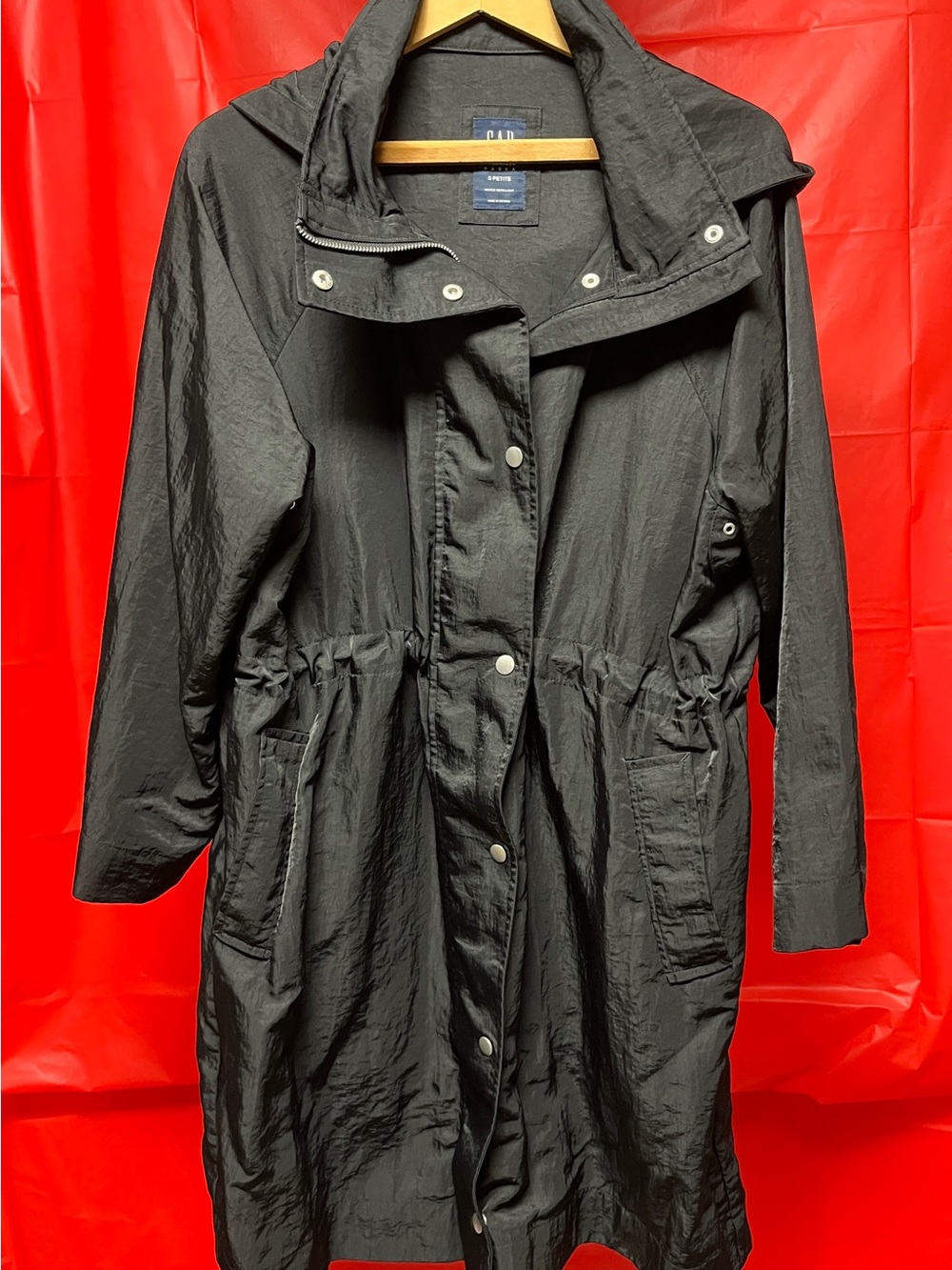 GAP Black Hooded Trench Coat with Drawstring Waist